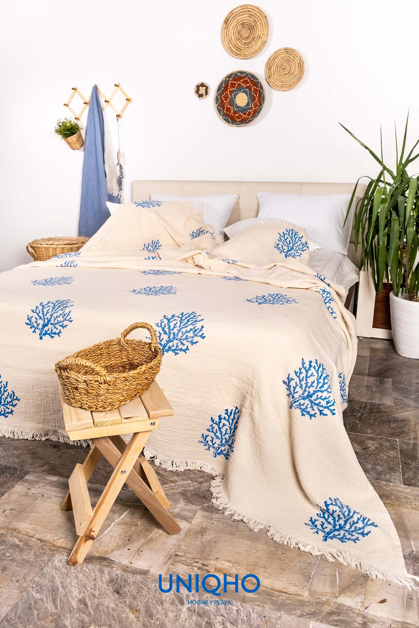 Bedspread, Quilt, Woodblock Print, Coral, Blue