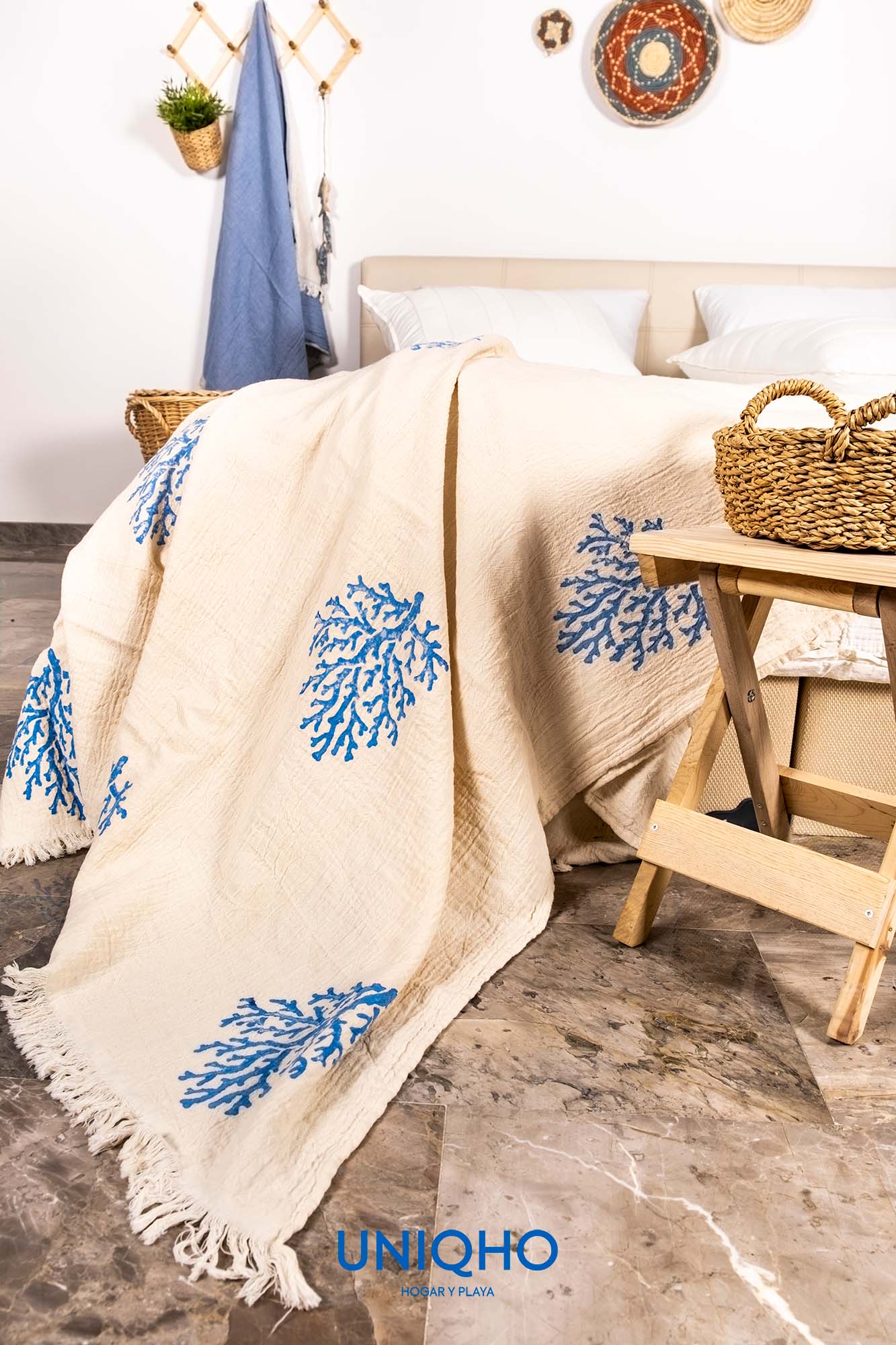 Bedspread, Quilt, Woodblock Print, Coral, Blue
