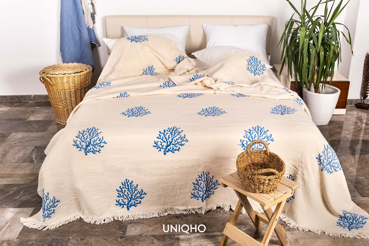 Bedspread, Quilt, Woodblock Print, Coral, Blue