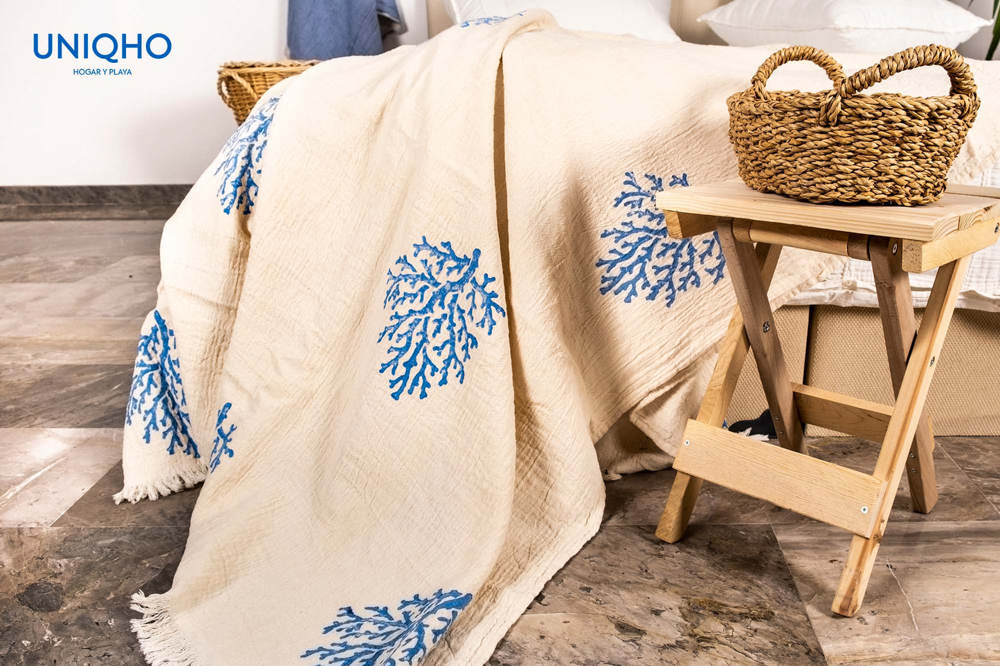 Bedspread, Quilt, Woodblock Print, Coral, Blue