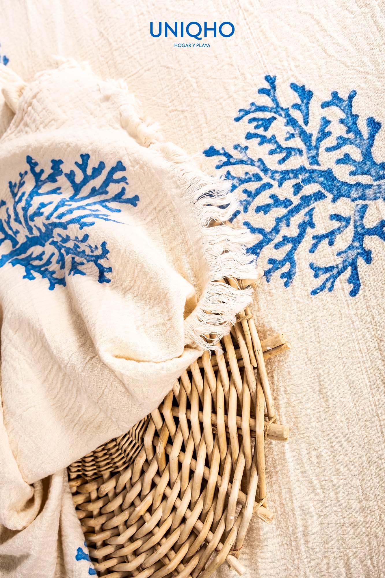 Bedspread, Quilt, Woodblock Print, Coral, Blue
