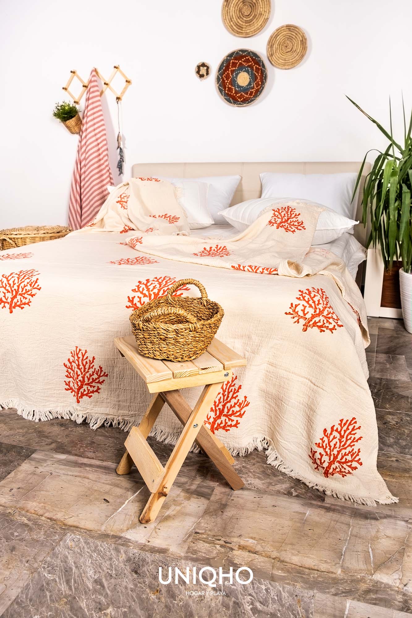 Colcha, Edredón, Impresión con Bloques Madera, Coral, Rojo