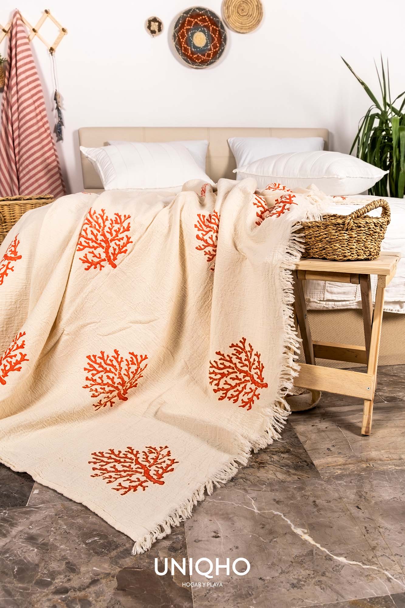 Colcha, Edredón, Impresión con Bloques Madera, Coral, Rojo