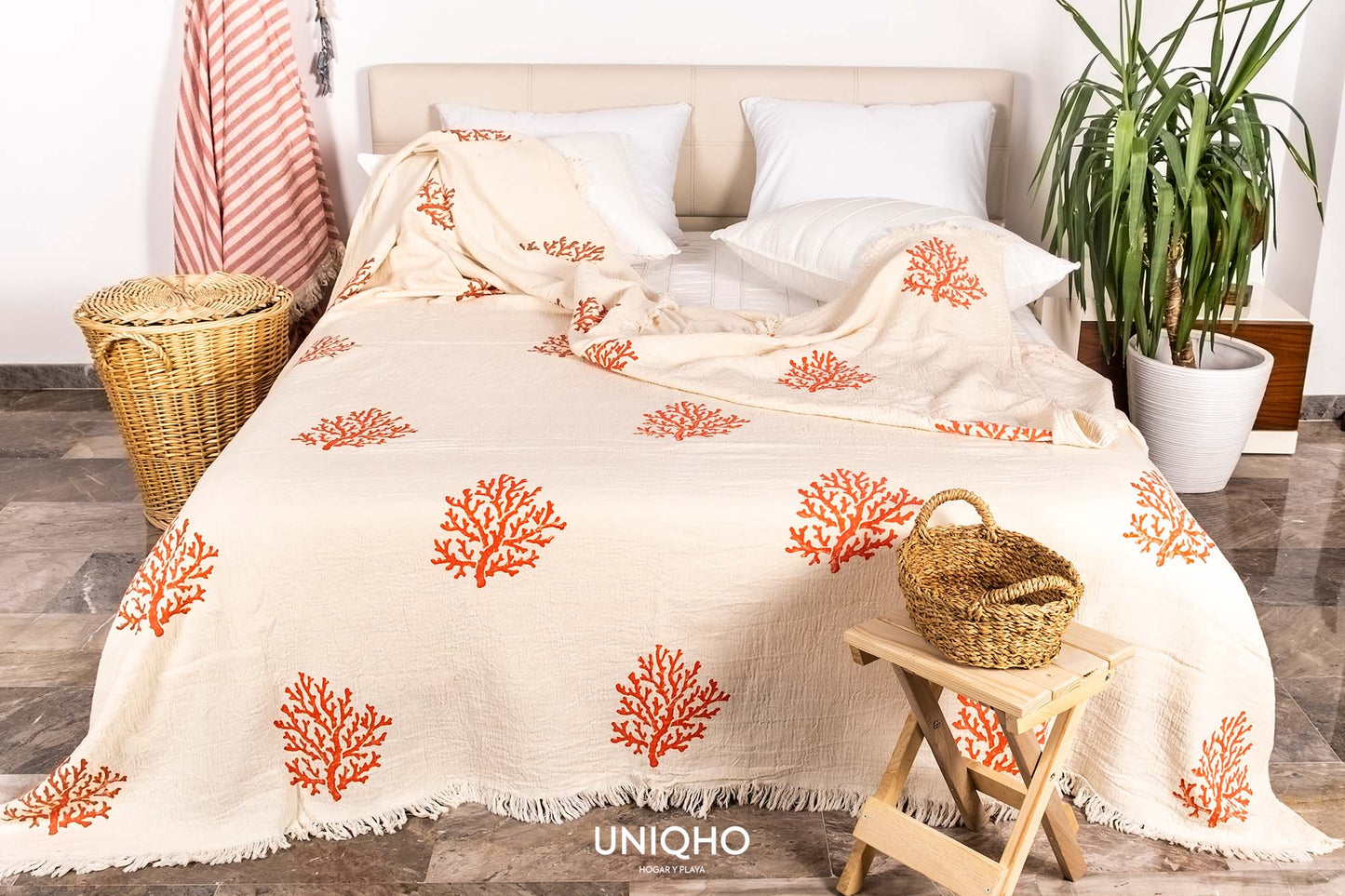 Colcha, Edredón, Impresión con Bloques Madera, Coral, Rojo
