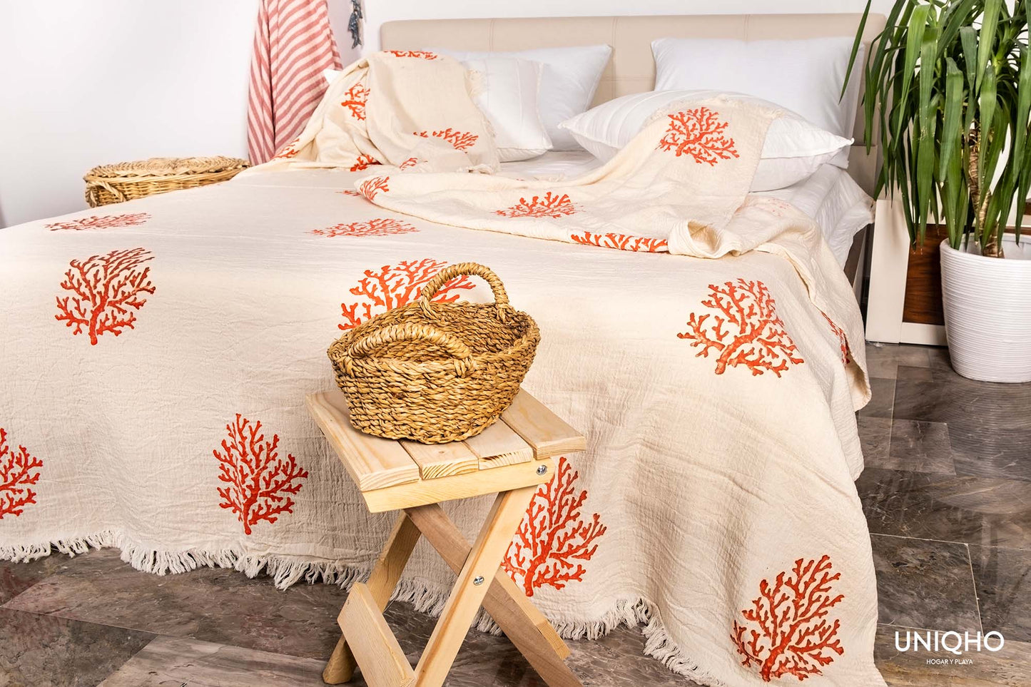 Colcha, Edredón, Impresión con Bloques Madera, Coral, Rojo