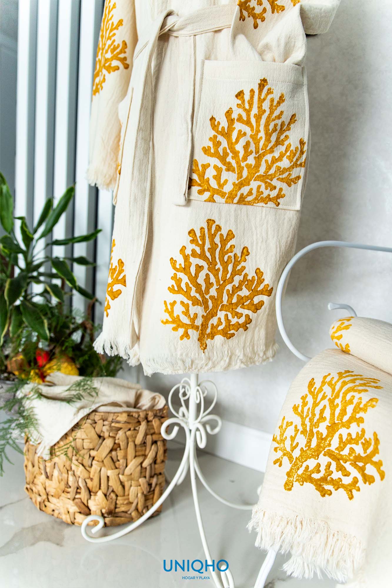 Kimono, Albornoz, Impresión con Bloques Madera, Coral, Amarillo