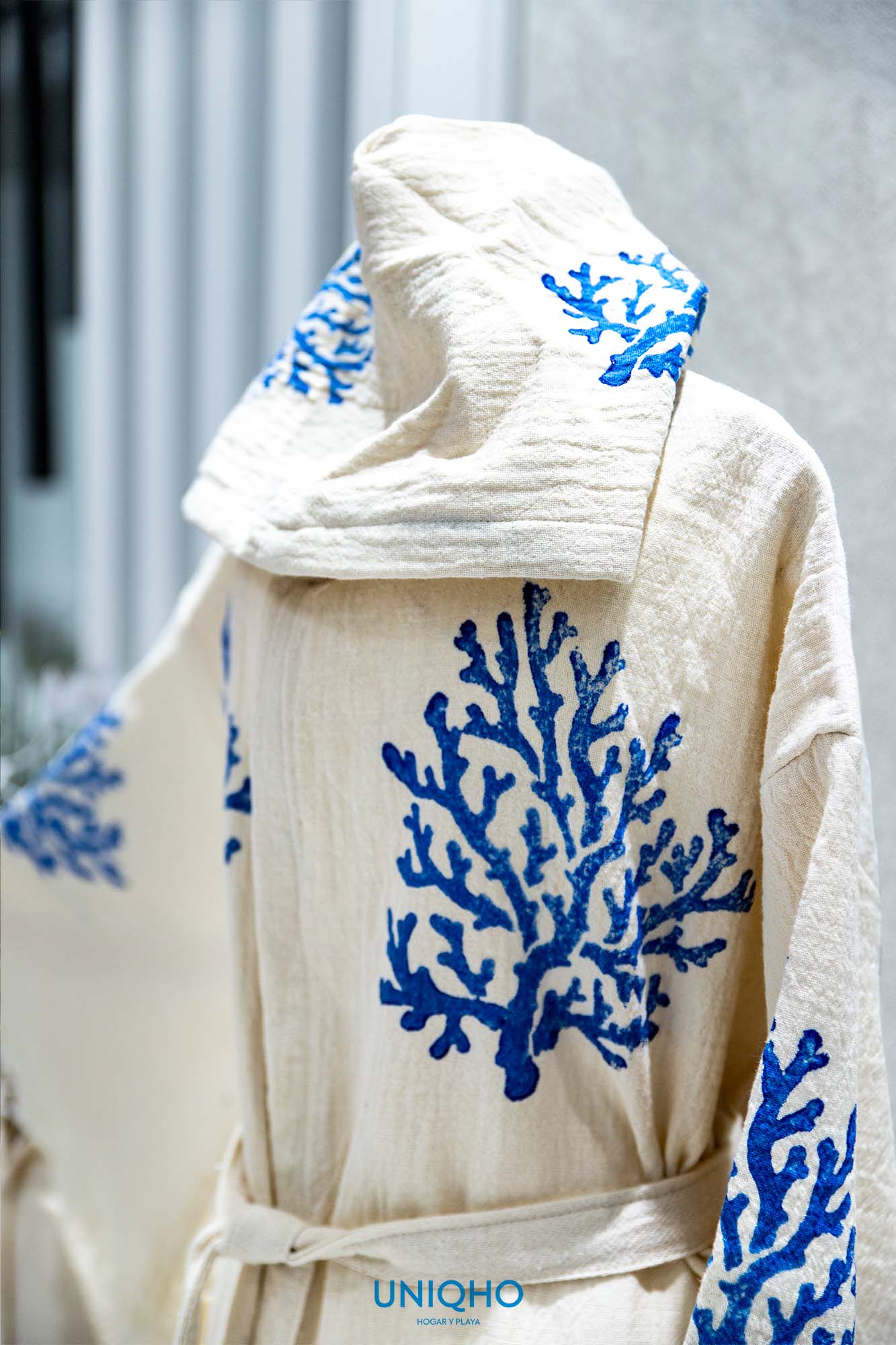 Kimono, Bathrobe, Woodblock Print, Coral, Blue