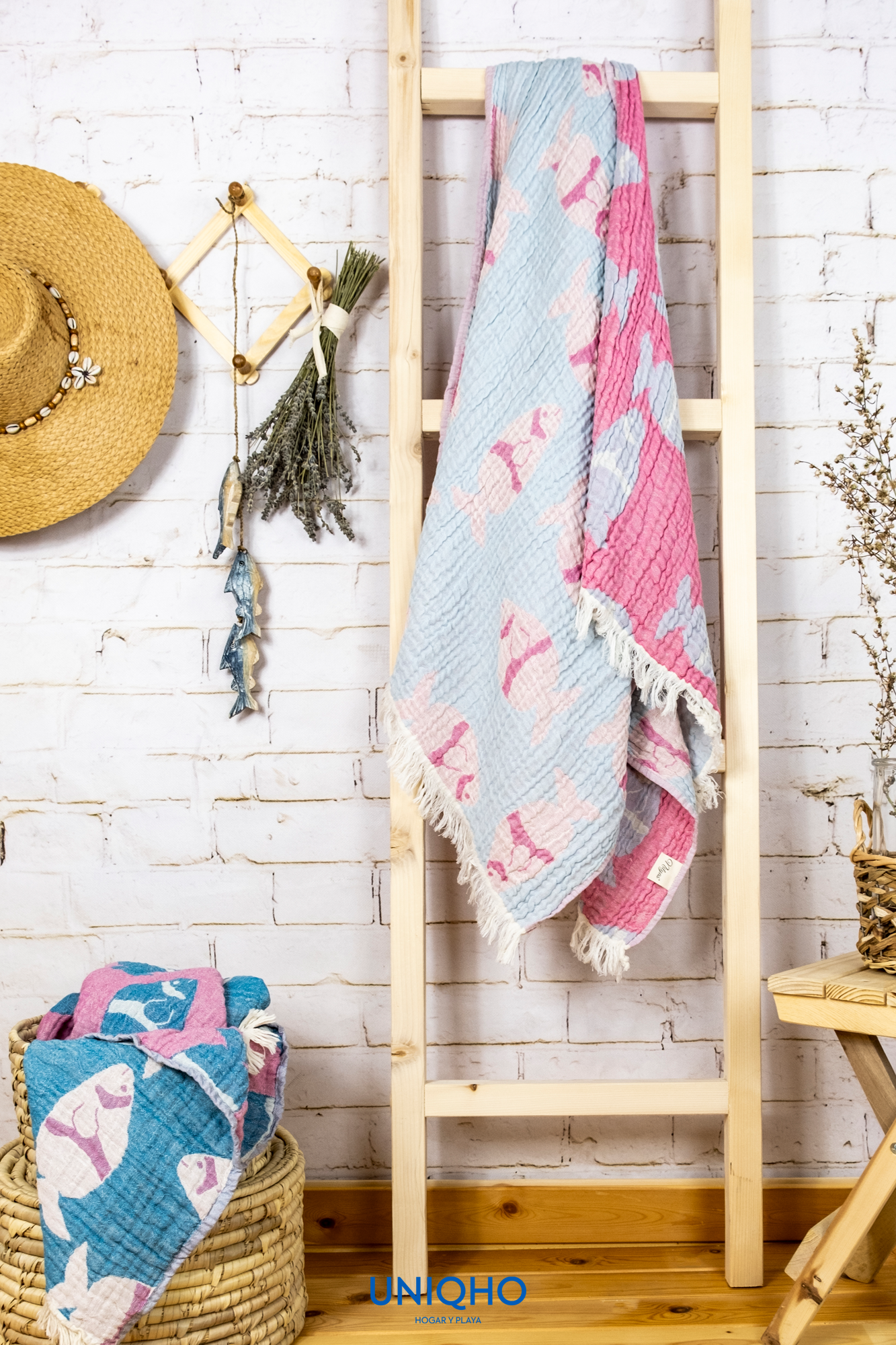 Beach Towel, Pestamal, Caribbean Fish, Light Blue, Pink