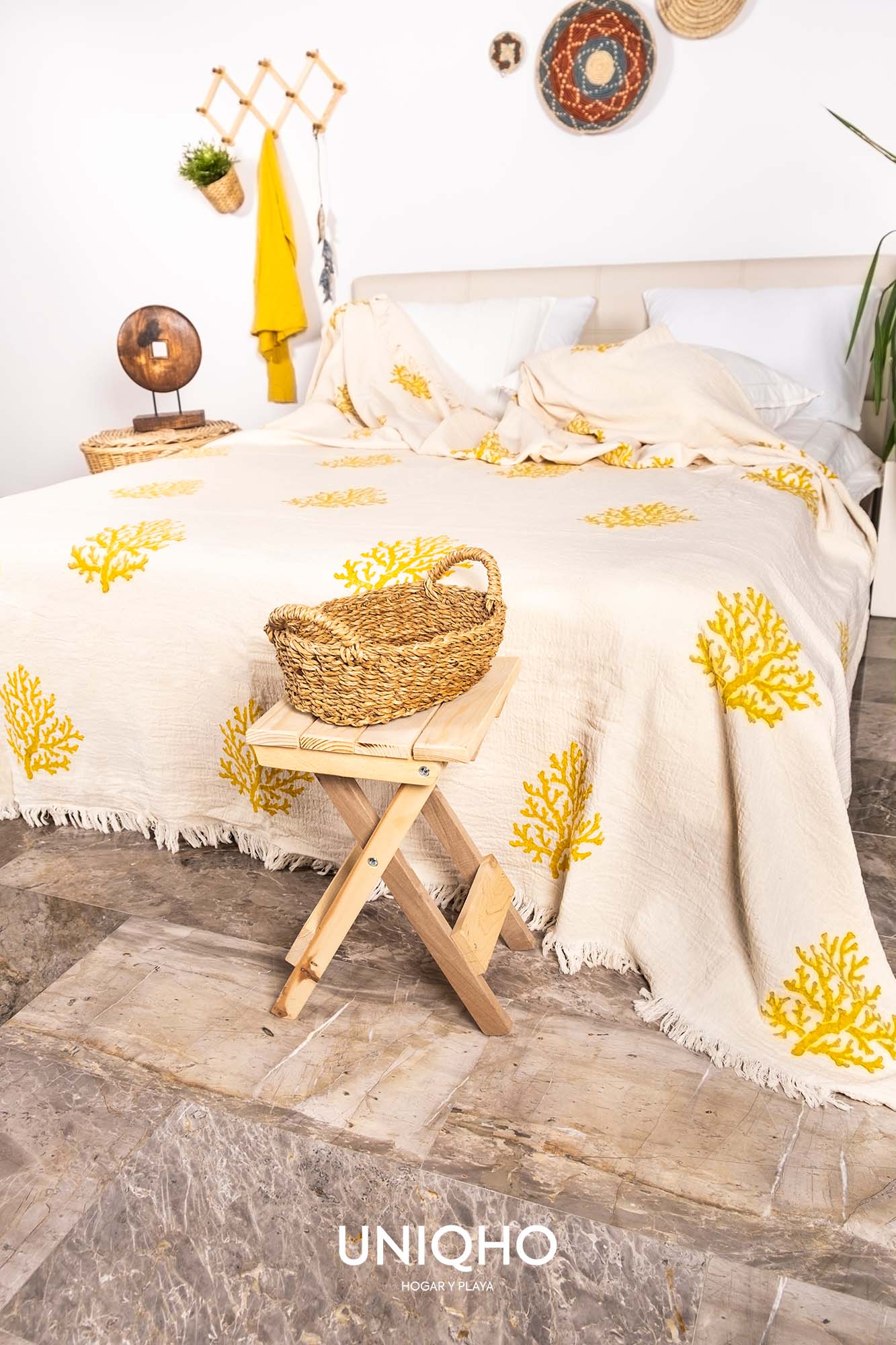 Colcha, Edredón, Impresión con Bloques Madera, Coral, Amarillo