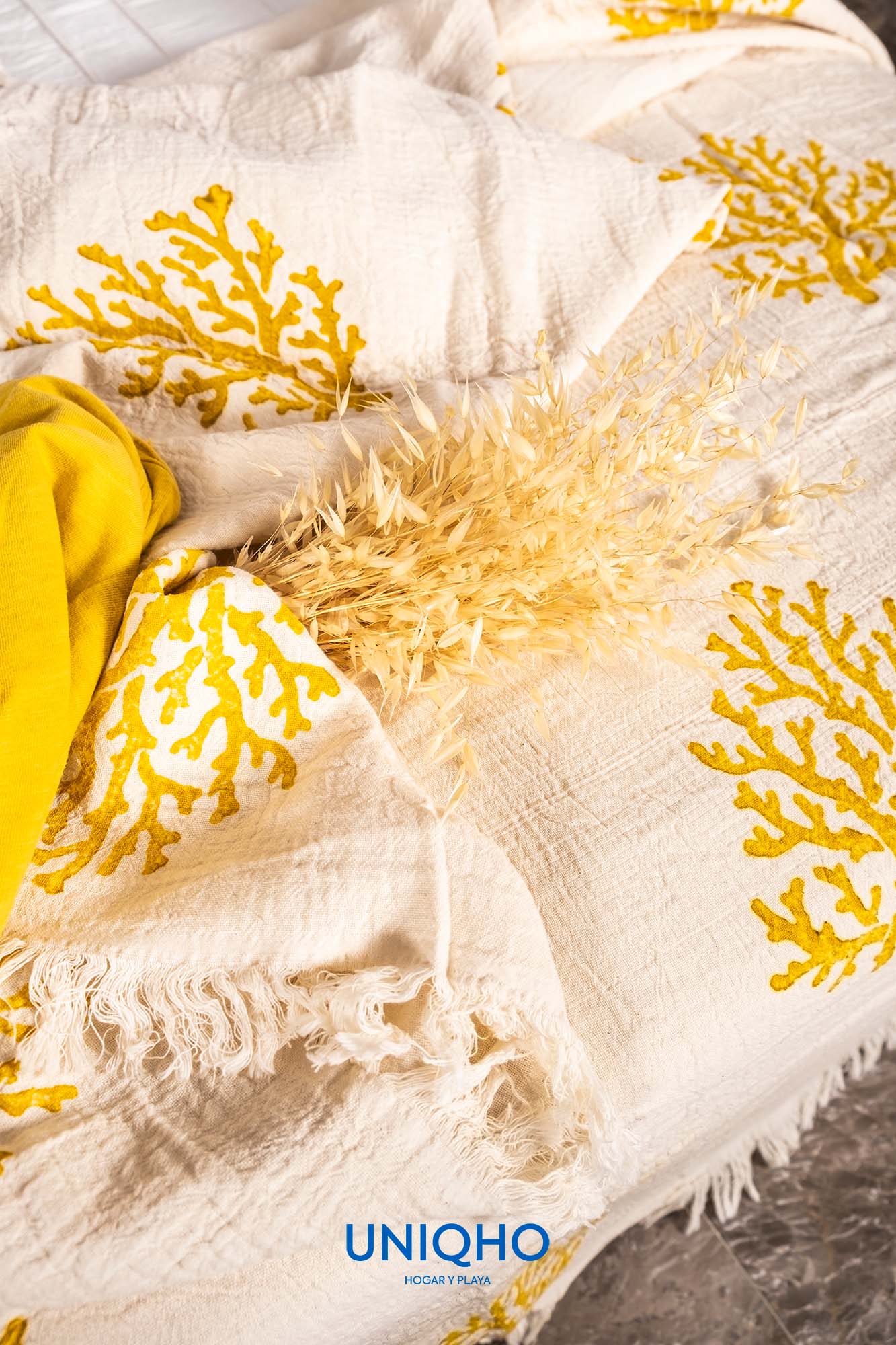 Colcha, Edredón, Impresión con Bloques Madera, Coral, Amarillo