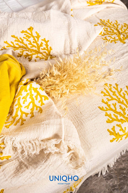 Colcha, Edredón, Impresión con Bloques Madera, Coral, Amarillo