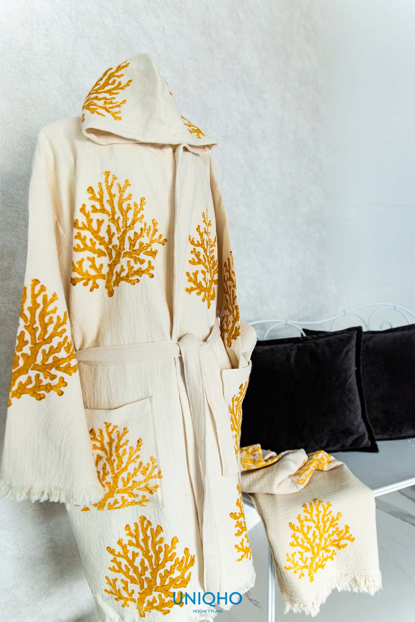 Kimono, Albornoz, Impresión con Bloques Madera, Coral, Amarillo