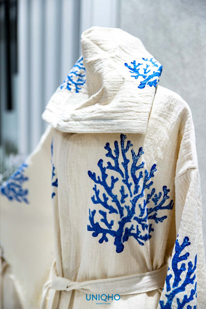Kimono, Bathrobe, Woodblock Print, Coral, Blue