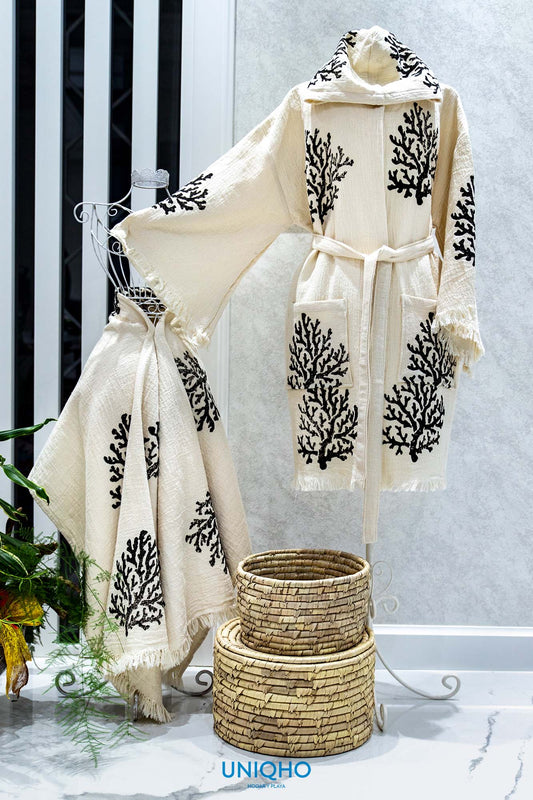 Kimono, Albornoz, Impresión con Bloques Madera, Coral, Negro