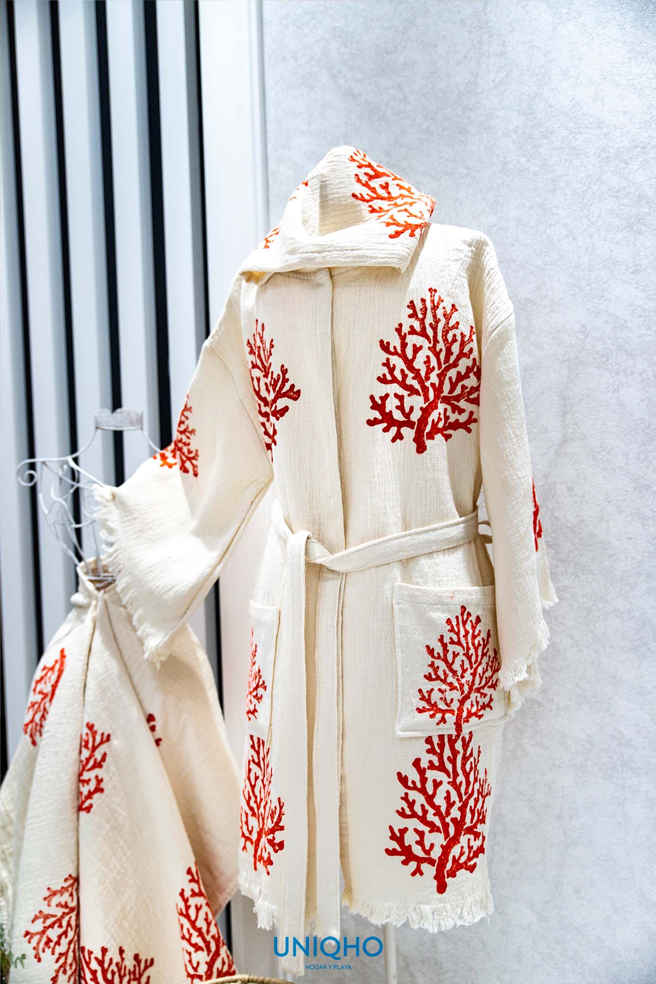 Kimono, Albornoz, Impresión con Bloques Madera, Coral, Rojo