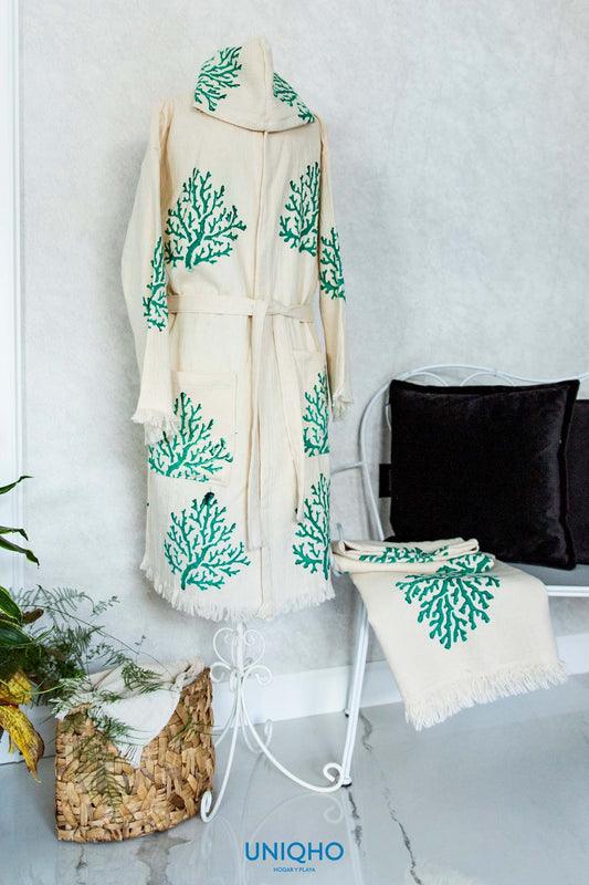 Kimono, Albornoz, Impresión con Bloques Madera, Coral, Verde