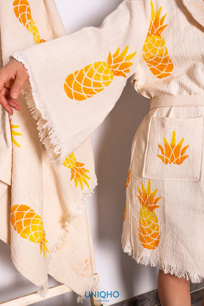 Kimono, Albornoz, Impresión con Bloques Madera, Piña